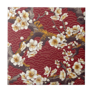Azulejo De Cerâmica Padrão de Ameixa Japonesa Flor de Coral Creme Borg