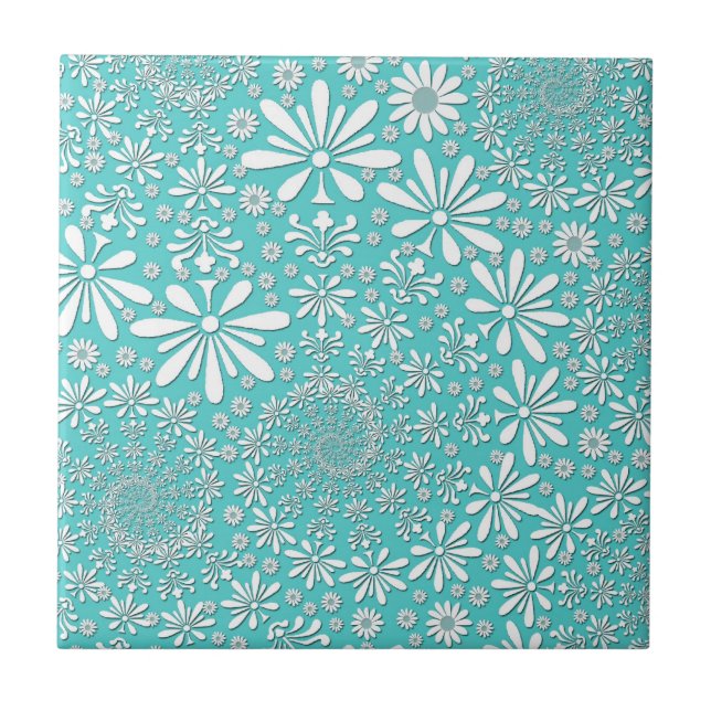 Azulejo De Cerâmica Padrão de Aqua Teal e Flores Brancas (Frente)