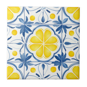 Azulejo De Cerâmica Padrão de Aquarela Azul-Mediterrâneo e Amarelo
