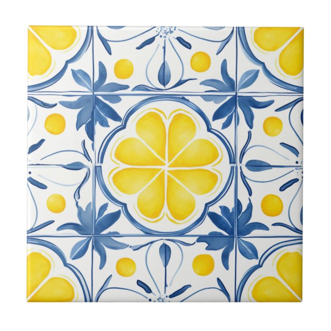 Azulejo De Cerâmica Padrão de Aquarela Azul-Mediterrâneo e Amarelo (Frente)