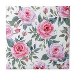 Azulejo De Cerâmica Padrão de aquarela Cottagecore floral rosa-pink
