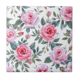 Azulejo De Cerâmica Padrão de aquarela Cottagecore floral rosa-pink