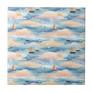 Azulejo De Cerâmica Padrão de Aquarela de Barcos à Vela Sonhadores (5)