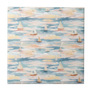 Azulejo De Cerâmica Padrão de Aquarela de Barcos à Vela Sonhadores no