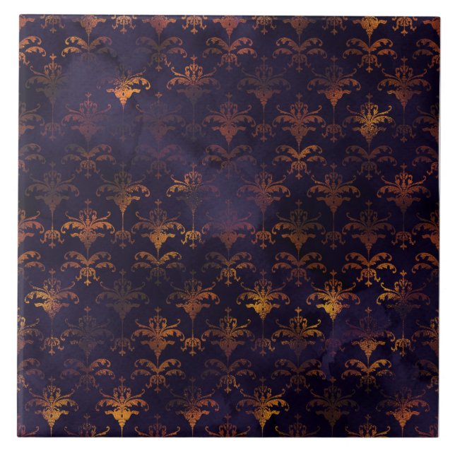 Azulejo De Cerâmica Padrão de Aquarela de Cobre Patina Damask (Frente)