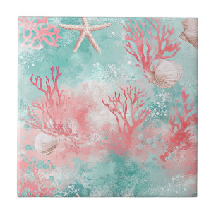 Azulejo De Cerâmica Padrão de aquarela de concha de recife de coral (1