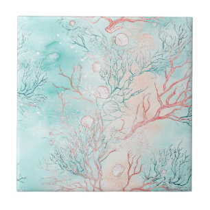 Azulejo De Cerâmica Padrão de aquarela de concha de recife de coral (2