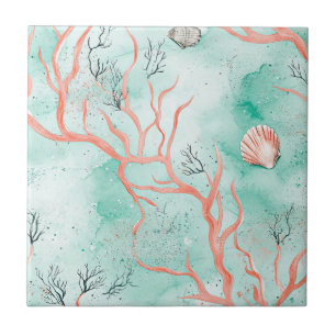 Azulejo De Cerâmica Padrão de aquarela de concha de recife de coral (3