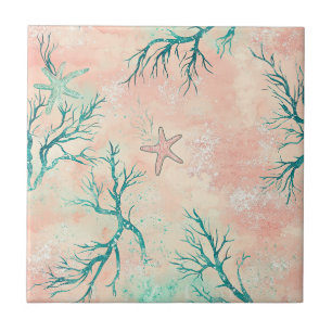 Azulejo De Cerâmica Padrão de aquarela de concha de recife de coral (7