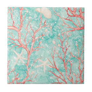 Azulejo De Cerâmica Padrão de aquarela de concha de recife de coral (8