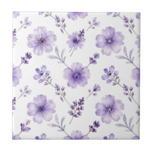 Azulejo De Cerâmica Padrão de Aquarela de Flor de Linho Roxo Lavanda