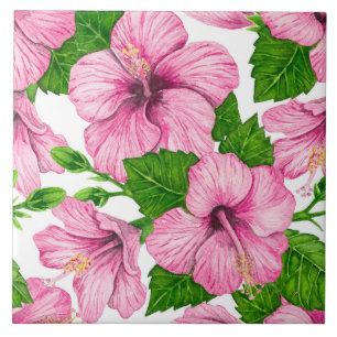 Azulejo De Cerâmica Padrão de aquarela de hibisco rosa