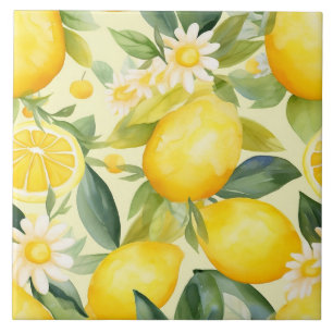 Azulejo De Cerâmica Padrão de Aquarela de Limão e Margarida