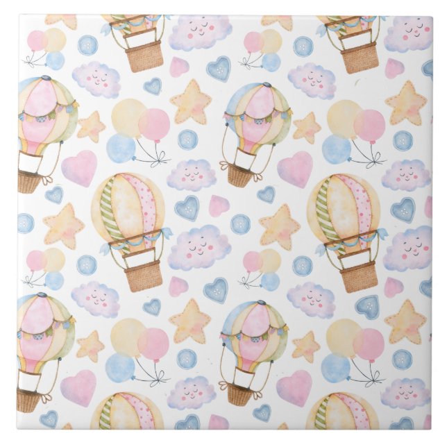 Azulejo De Cerâmica Padrão de Aquarela do Balão de Ar Quente (Frente)