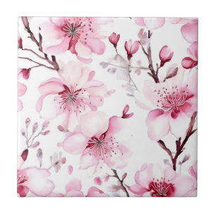 Azulejo De Cerâmica Padrão de Aquarela do Flor de Cereja Elegante