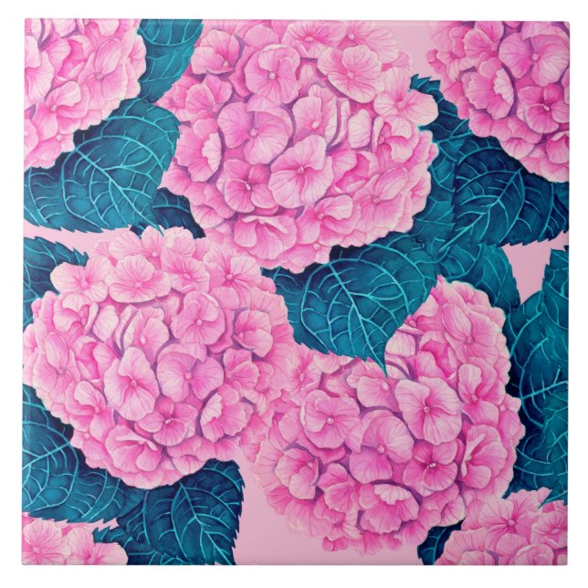 Azulejo De Cerâmica Padrão de aquarelas Hydrangea, rosa e azul (Frente)