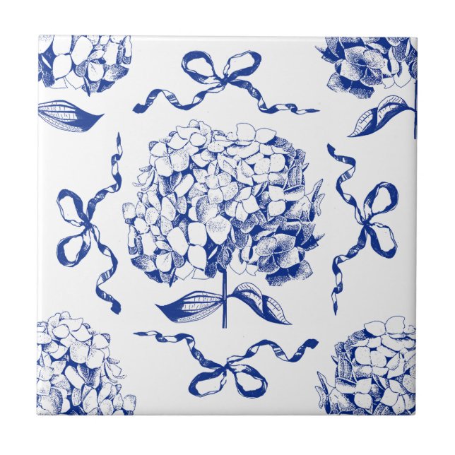 Azulejo De Cerâmica Padrão de Arco de Hydrangea de Toile Azul de Pré-d (Frente)
