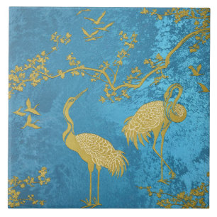 Azulejo De Cerâmica Padrão de arte de grous elegantes   Pássaros grous