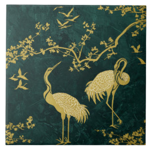 Azulejo De Cerâmica Padrão de arte de grous elegantes   Pássaros grous