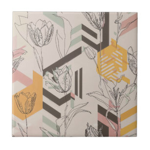 Azulejo De Cerâmica Padrão de Arte de Linha de Tulipa em Mostarda e Be