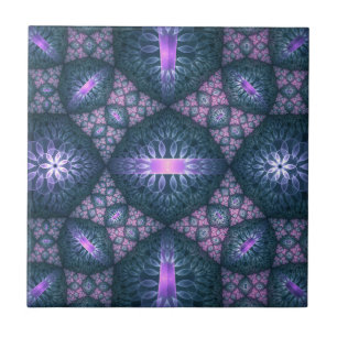 Azulejo De Cerâmica Padrão de arte fractal 3D turquesa roxo rosa