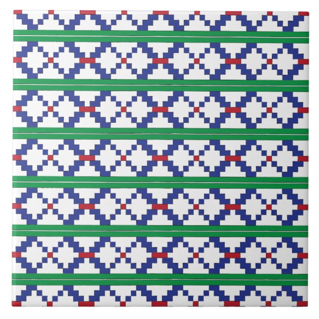 Azulejo De Cerâmica Padrão de arte tribal Green, azul, etnia vermelha (Frente)