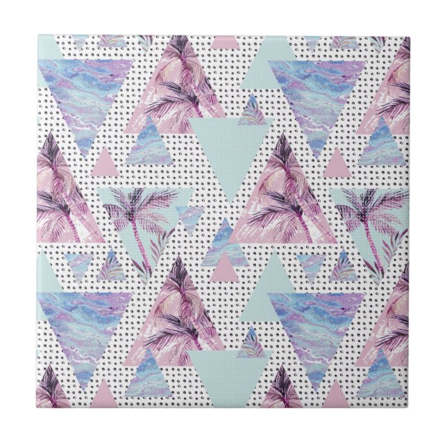 Azulejo De Cerâmica Padrão de Árvore Palm Cor-de-Água Rosa e Azul (Frente)