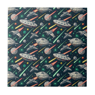 Azulejo De Cerâmica Padrão de Batalha Espacial de Naves Espaciais Retr