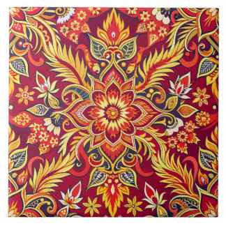 Azulejo De Cerâmica Padrão de Batik Vermelho Impressão Floral Tradicio