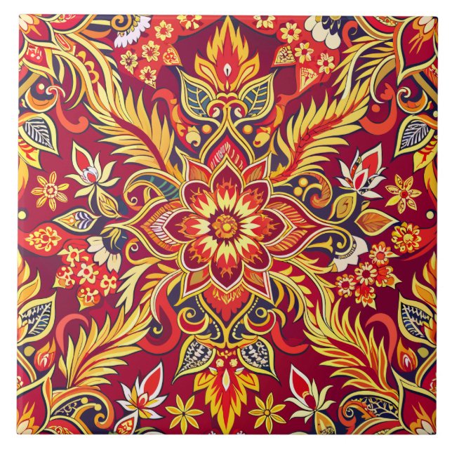 Azulejo De Cerâmica Padrão de Batik Vermelho Impressão Floral Tradicio (Frente)