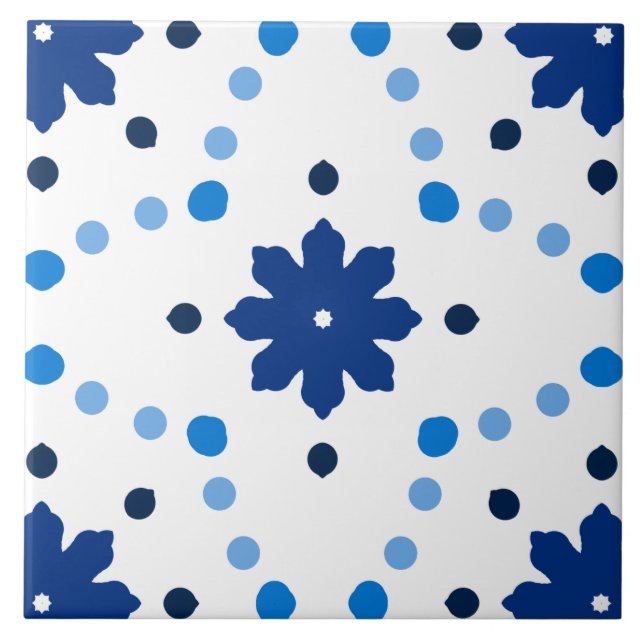 Azulejo De Cerâmica Padrão de Bolinhas Florais Azul e Branco (Frente)