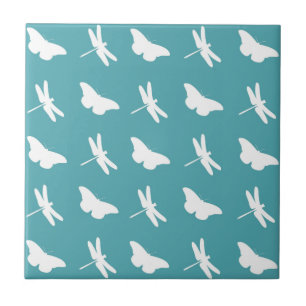 Azulejo De Cerâmica Padrão de Borboleta e Libélula Azul e Branco