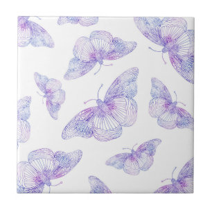 Azulejo De Cerâmica Padrão de Borboleta Violet Watercolor