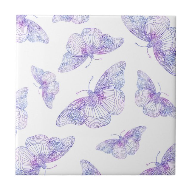 Azulejo De Cerâmica Padrão de Borboleta Violet Watercolor (Frente)