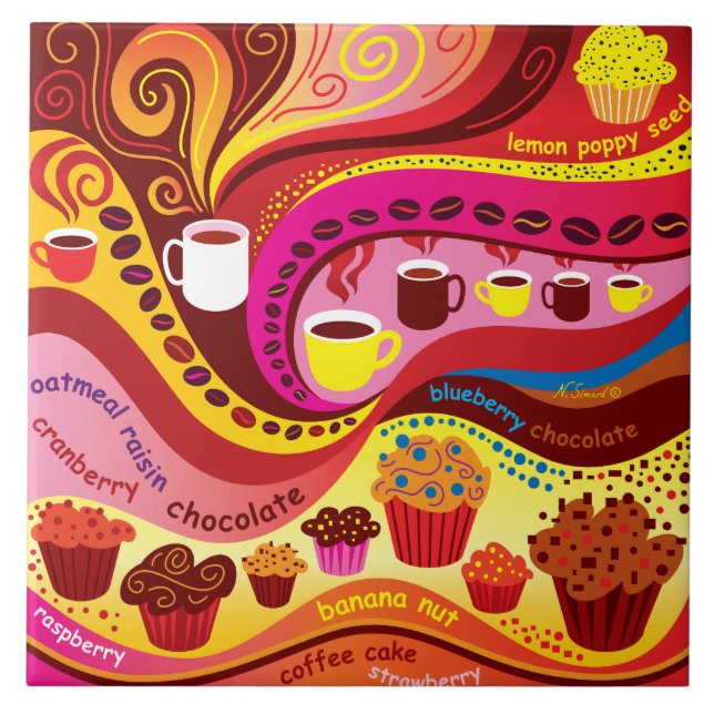 Azulejo De Cerâmica Padrão de Café e Muffins (Frente)