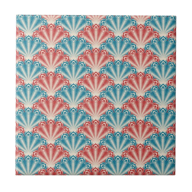 Azulejo De Cerâmica Padrão de Cauda Pavão Vermelho e Azul (Frente)