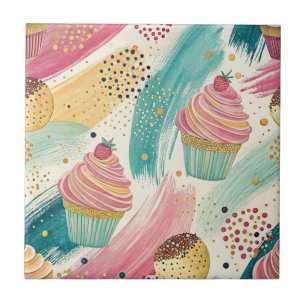 Azulejo De Cerâmica Padrão de Celebração de Cupcake Festivo e Bruto