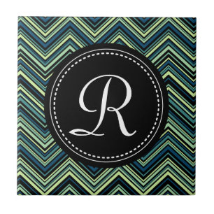 Azulejo De Cerâmica Padrão de Chevron Azul Preto Monograma