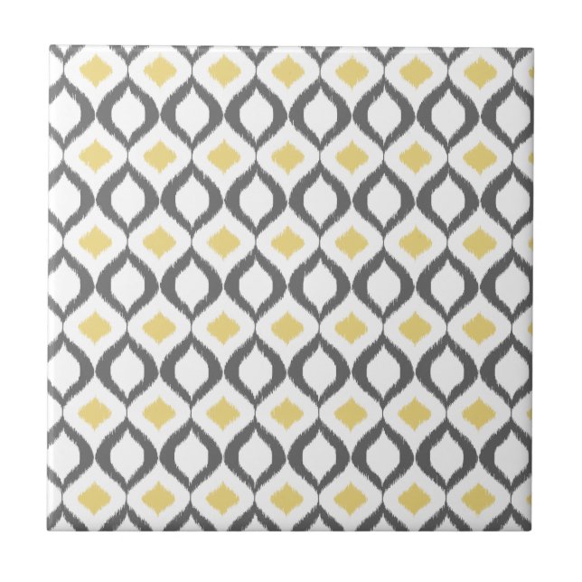 Azulejo De Cerâmica Padrão de Cinza Amarelo Ikat Geométrico Retroativo (Frente)