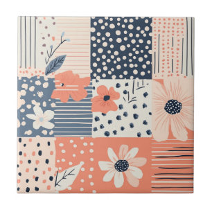Azulejo De Cerâmica Padrão de Colcha de Patchwork Floral Coral Marinho