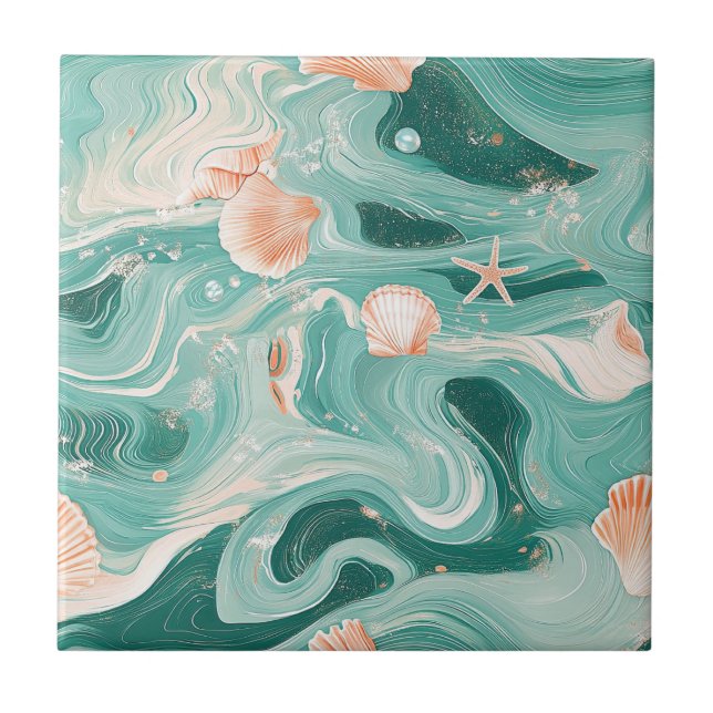 Azulejo De Cerâmica Padrão de Conchas e Ondas do Oceano (6) (Frente)