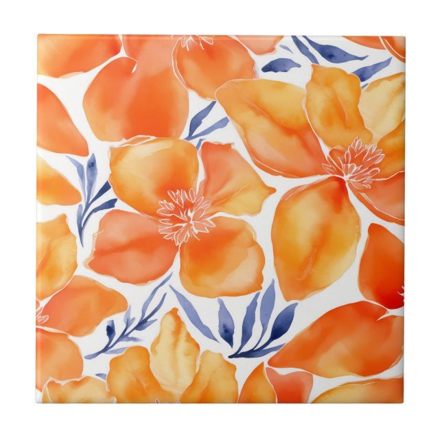 Azulejo De Cerâmica Padrão de cor de água floral laranja (Frente)