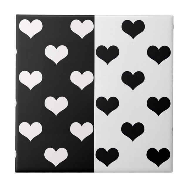 Azulejo De Cerâmica Padrão de Coração de Amor Branco Negro (Frente)