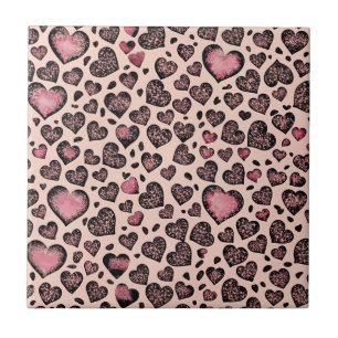 Azulejo De Cerâmica Padrão de Coração de Leopardo Rosa em Bege Rosado