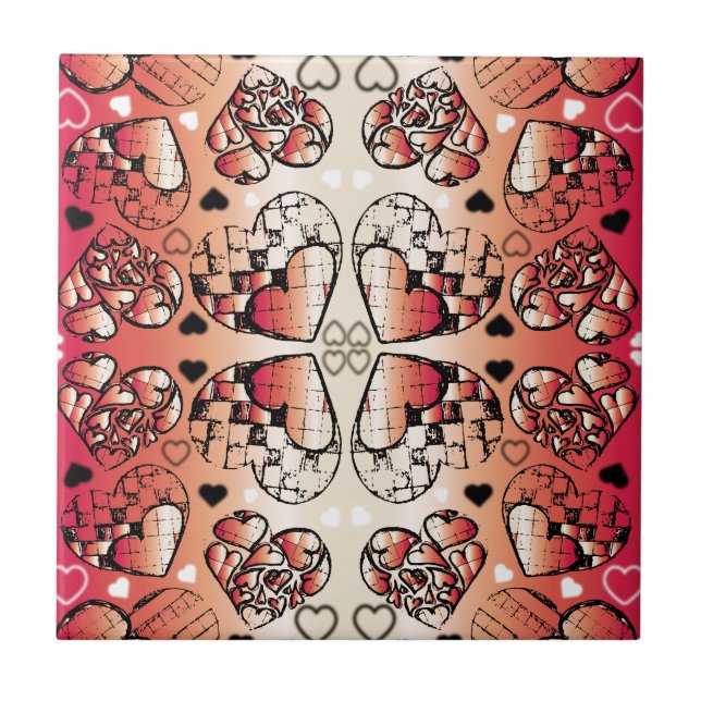 Azulejo De Cerâmica Padrão de Corações Românticos Brancos e Vermelhos (Frente)