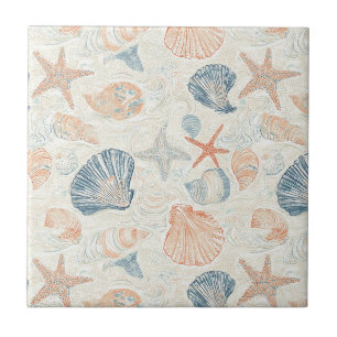 Azulejo De Cerâmica Padrão de Coral Azul Marinho Botânico de Conchas d