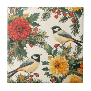 Azulejo De Cerâmica Padrão de Creme de Natal de Chapim Dahlia Carmesim