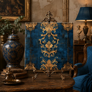 Azulejo De Cerâmica Padrão de Damasco Barroco Angustiado Azul Dourado