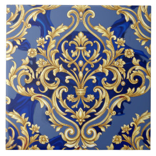 Azulejo De Cerâmica Padrão de Damasco Barroco Azul Real e Dourado