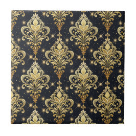 Azulejo De Cerâmica Padrão de Damasco Floral Real Espelhante Preto e D